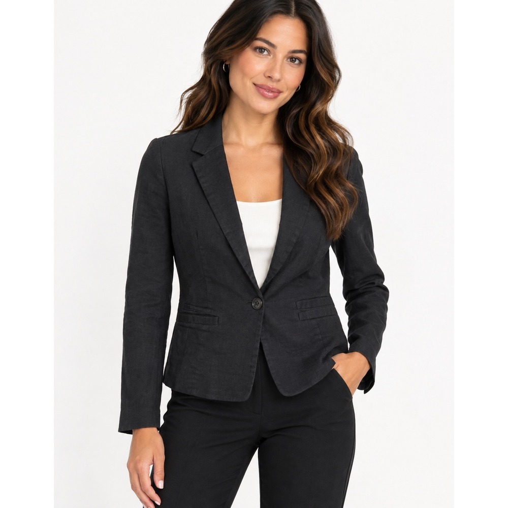 RW&CO Women Black Linen Blend Single Button Blazer Jacket Size XS Notch Lapel